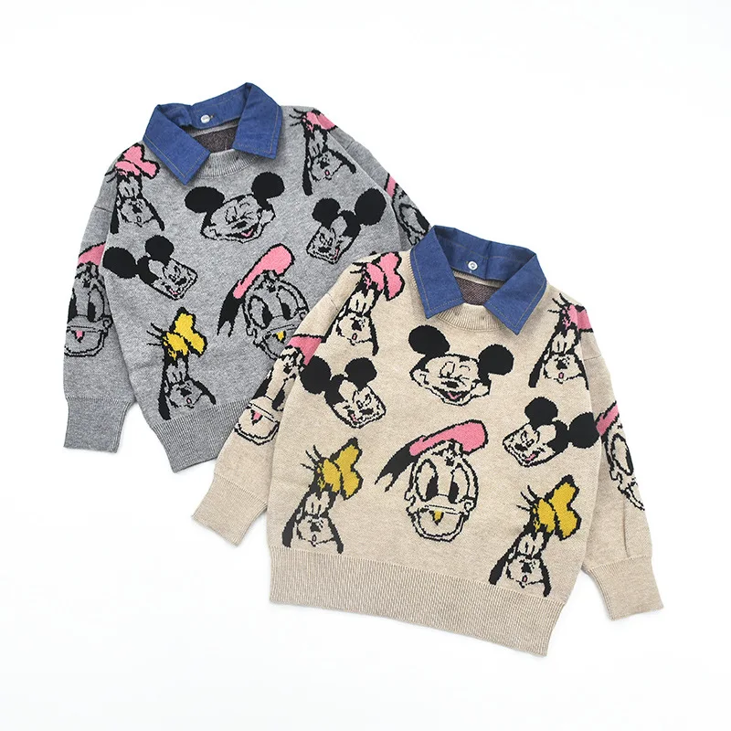 Baby cotton custom Mickey Mouse pattern knit pullover with removable denim collar