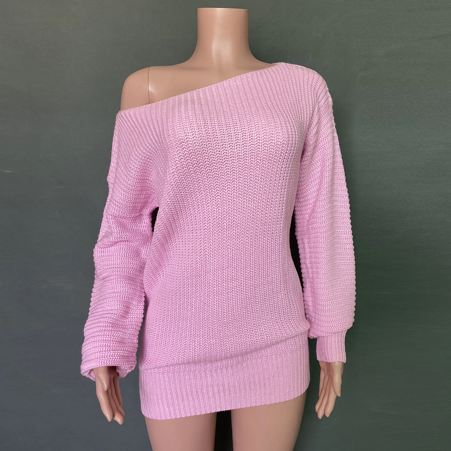 Urban beauty elegant casual solid color off shoulder lantern sleeve knit sweater dresses lady