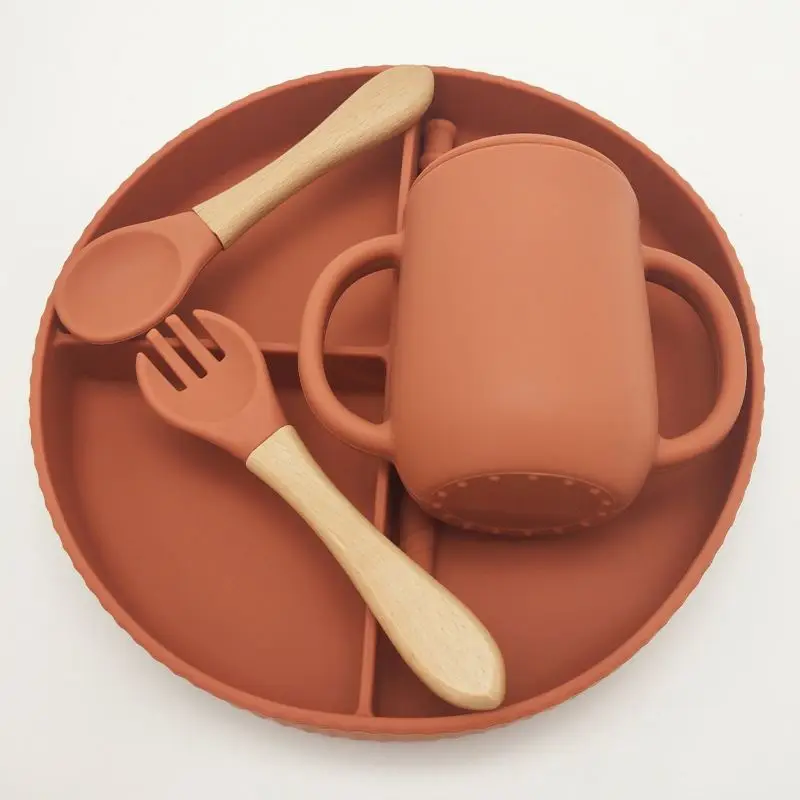 Toddler BPA Free Eco-Friendly Baby Led Weaning Training Feeding Set Bamboo Plates Silicone Wooden Spoon Fork Plate And Cup Set//