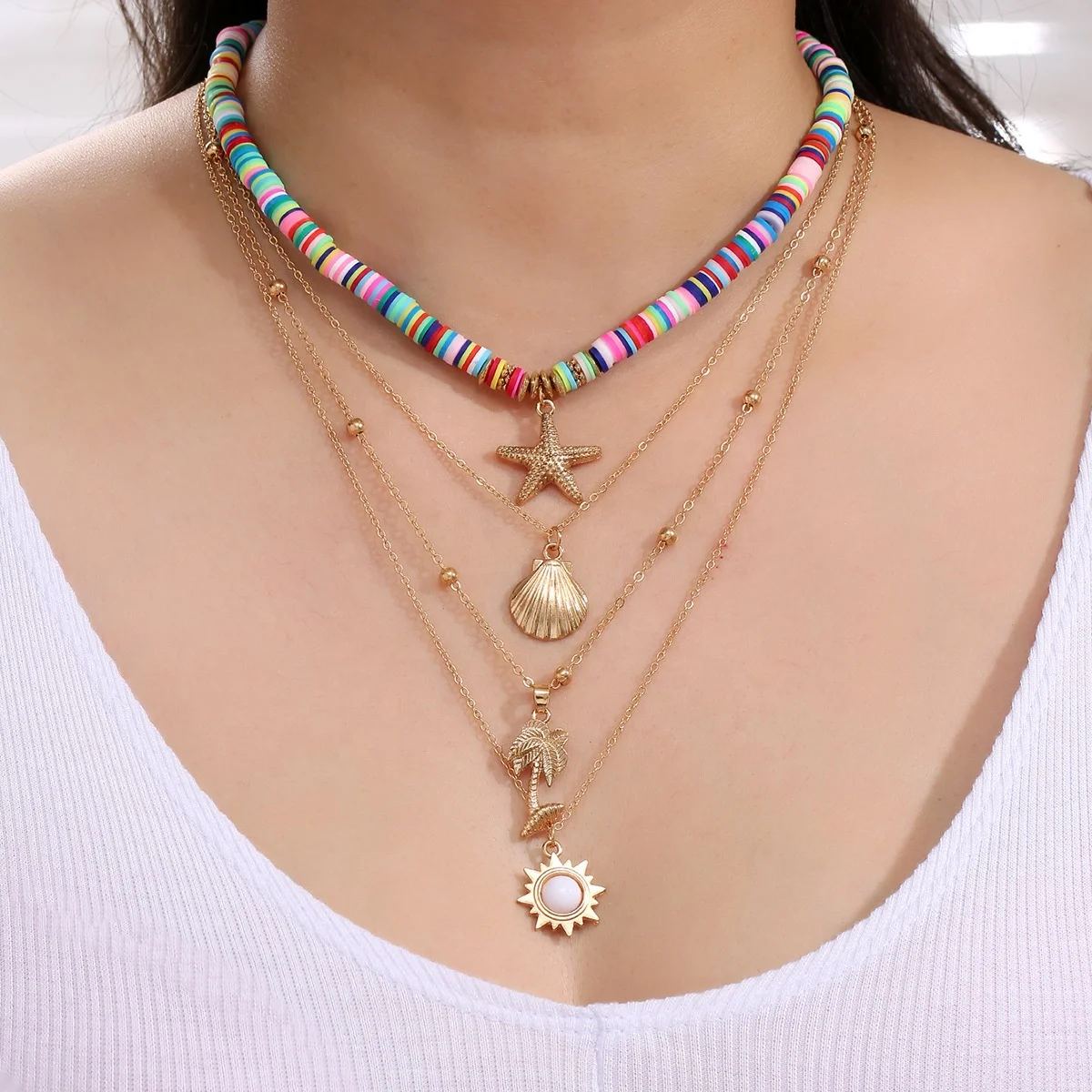 Trendy Summer Jewelry Sets Bohemian Ocean Shell Conch Fringe Multi Layered Necklace Jewelry for Women