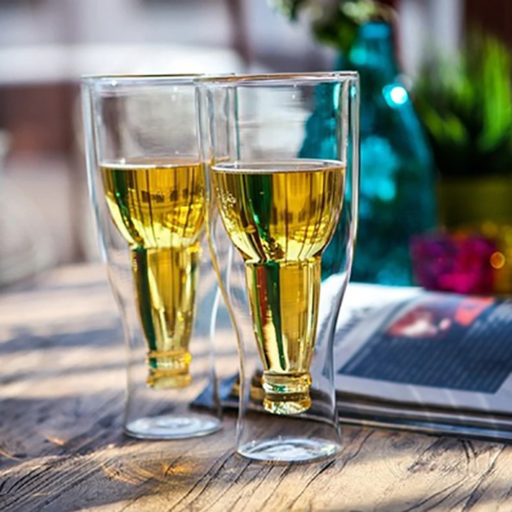 For Beer Lovers Double Wall Upside Down Bottle Design Freezable High Transparency Beer Glasses