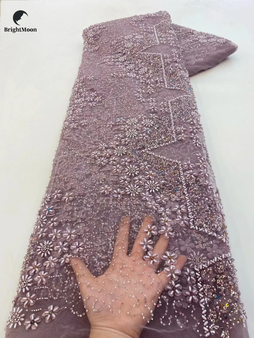 Heavy beads embroidery flower sequins tulle lace women mesh lace fabric for wedding dress