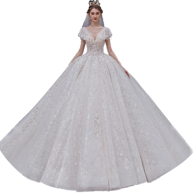 OEM new elegant white V-neck strappy backless lace embroidered wedding dress