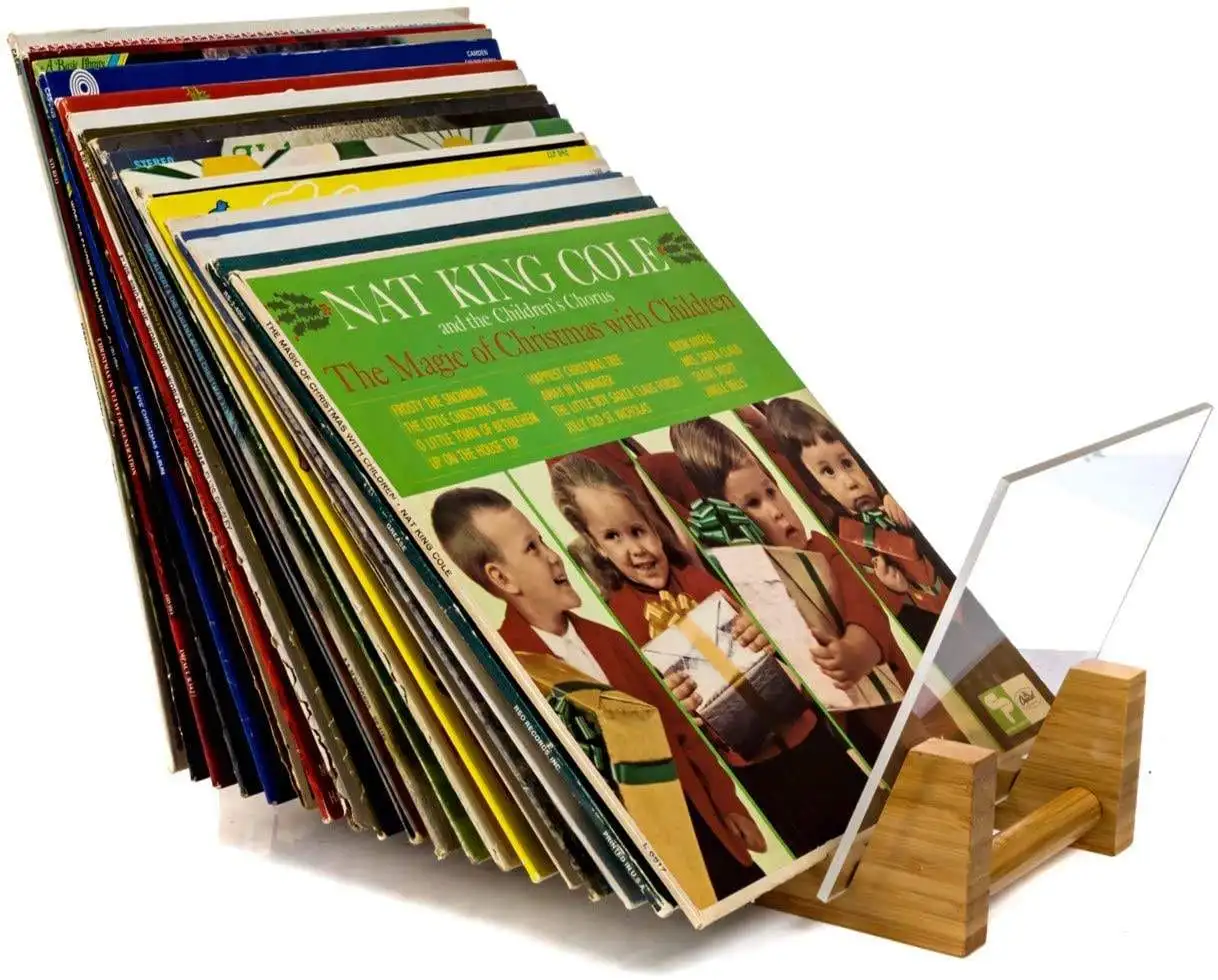 Bamboo Vinyl Record Storage Holder, Premium Bamboo and Acrylic Display Stand
