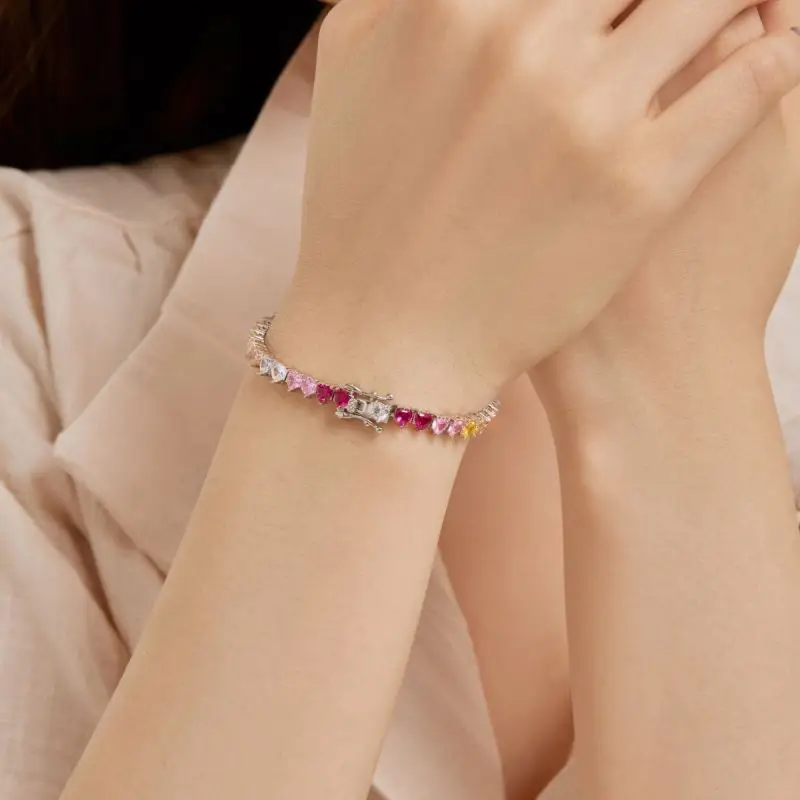 Dylam Ins Hot Sale Color Joyful Rainbow Cubic Zirconia 925 Sterling Silver Bracelet For Women Cubic Zirconia Tennis Bracelets