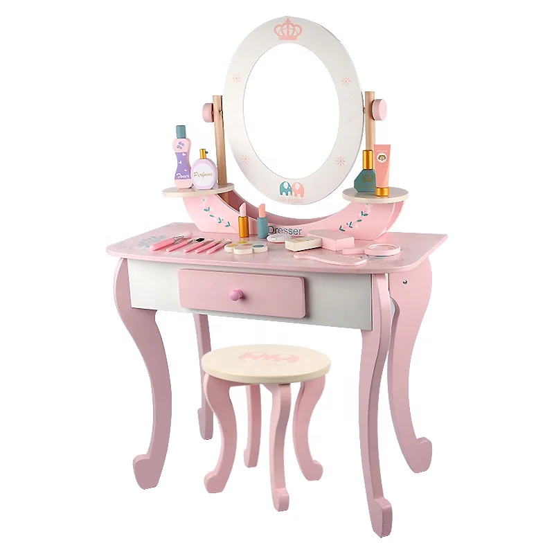 New Arrival Wooden Pink Simulation Make Up Dressing Table Educational Pretend Play Gift Toys For Girls And Kids