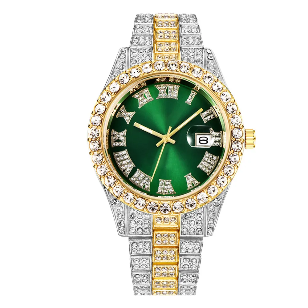 New Hip Hop Roman Numeral Watch Full Diamond Gold Plated Wrist Men Crystal Luxury Quartz Watches