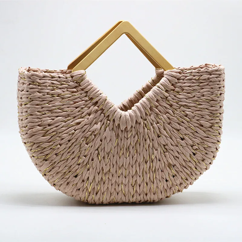 Wholesale Eco Friendly Lightweight Minimalist Handmade Woven Beach Beige Shoulder Wooden Handle Bag Straw Tote Bag