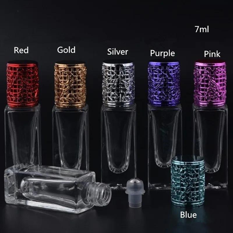 7ml Thick bottom Glass perfume roller ball bottle roll on clear vial with metal ball & gold red silver purple pink screw cap