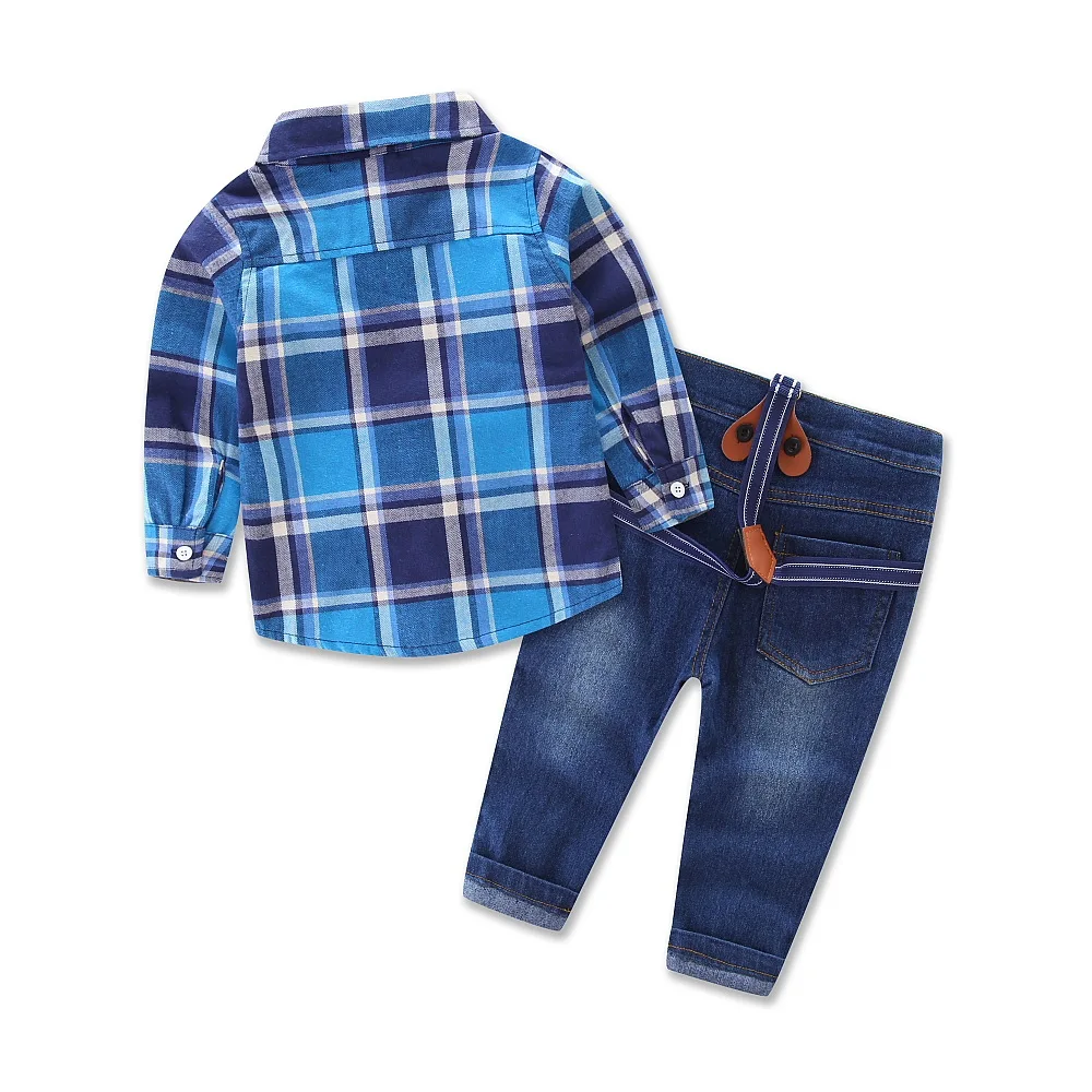 2024 Fashion Toddler Boy Clothes 2 - 7 Years Children Clothes Casual Long Sleeve Blue Plaid Shirt + Denim Jeans Pants Spring