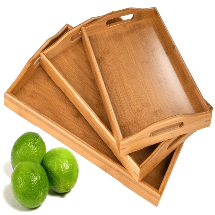 Set of 3 rustic home decor large natural bamboo lightweight trays wood