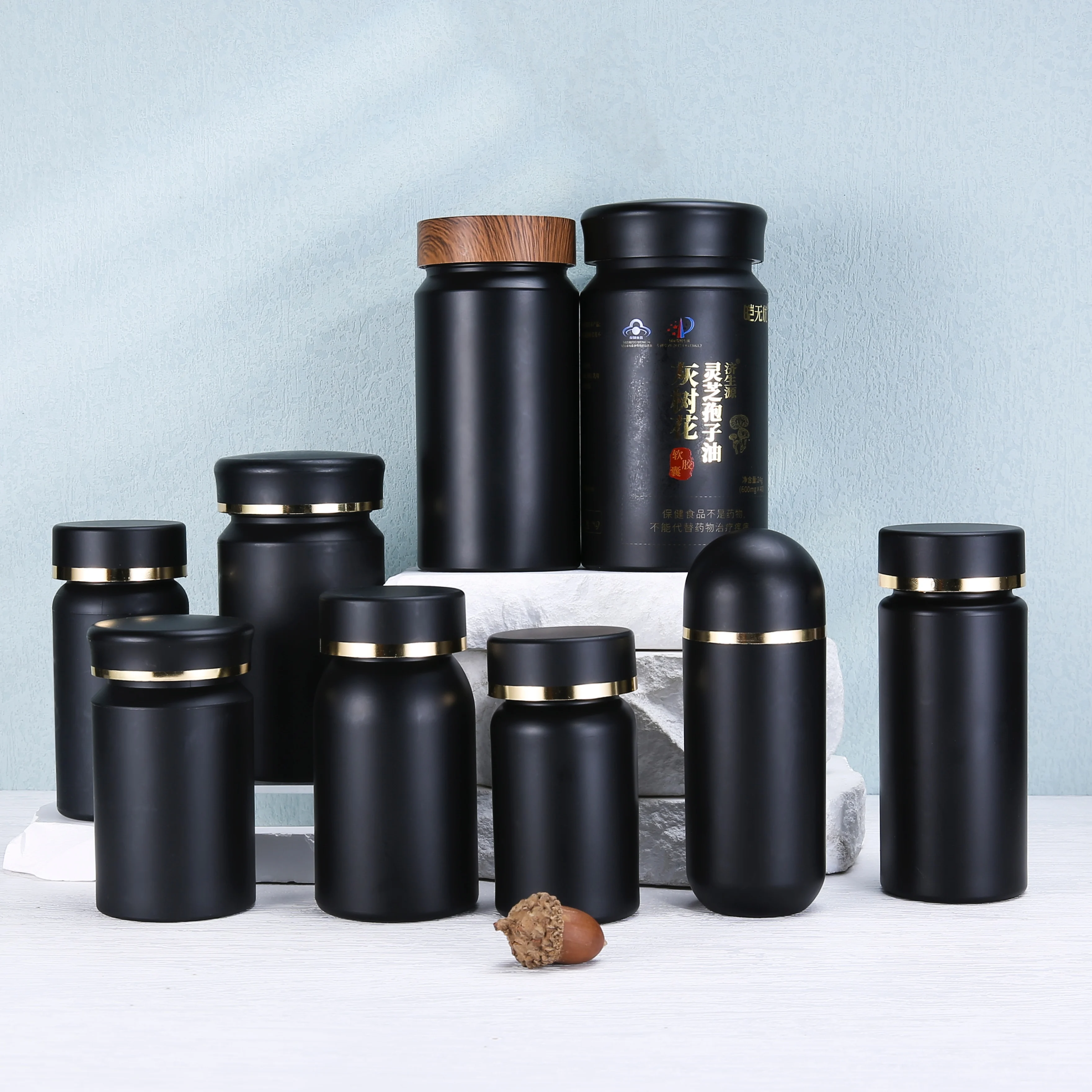 Customized print black high-end PS plastic bottle for capsules medicine vitamin packaging manufacturing for man health product