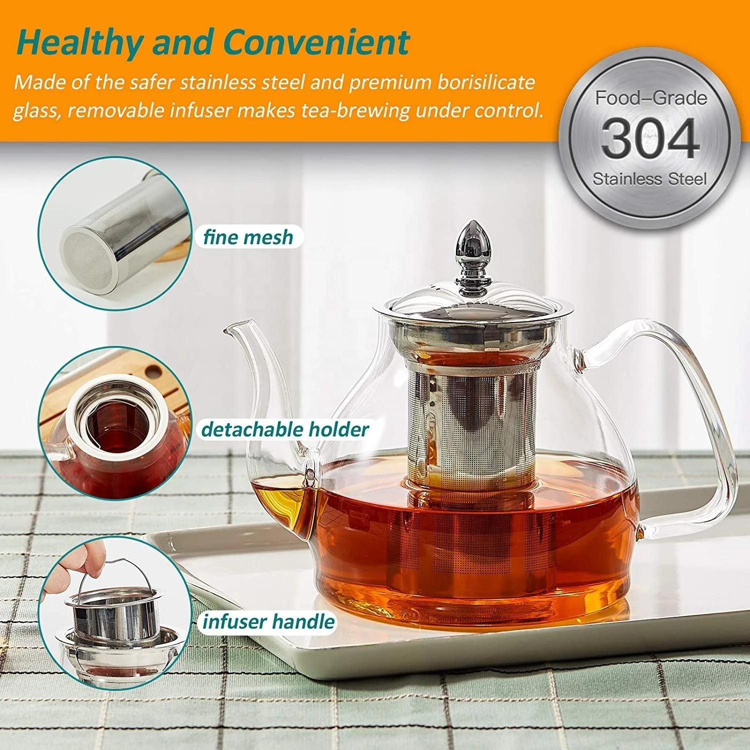 40 oz borosilicate glass tea pot water glass pitcher glass kettle with stainless steel infuser