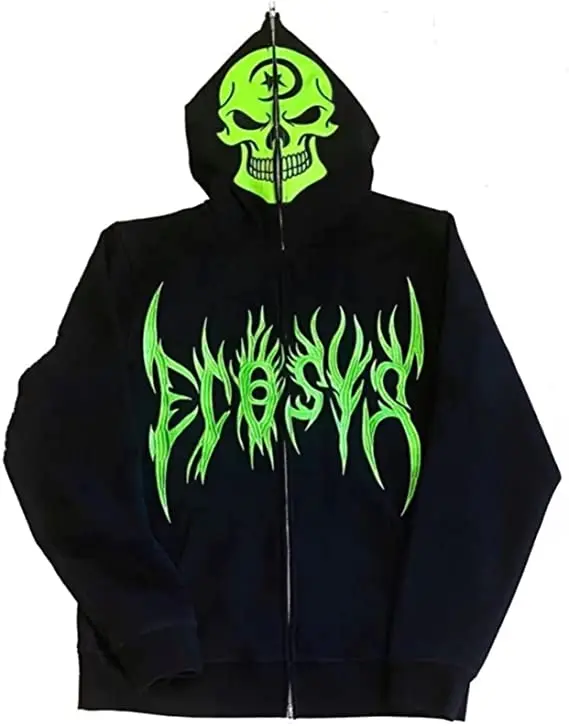 Punk Goth Aesthetic Over Face Rhinestone Streetwear Pullover Unisex Y2k Full Zip Up Hoodies