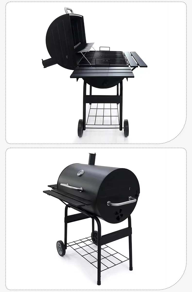 6-10 People Black Powder Coated Outdoor Barbecue Barrel Grills Offset Smoker Charcoal BBQ Grill For Barbeque Trolley BBQ Grill