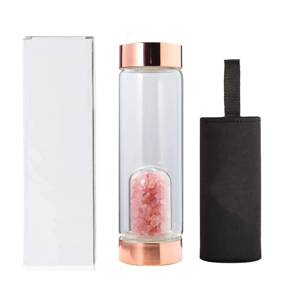 Crystal Elixir Glass Water Bottle With Healing Rose Quartz Gemstones Water Bottle For Women Promotional Gift With Logo Printing