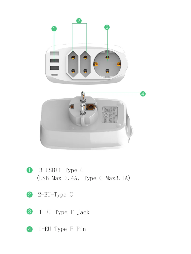 Universal Socket Electrical Expansion Power Socket with 3 x USB and 1 x Type C Office Desktop High Quality Electrical Smart Plug