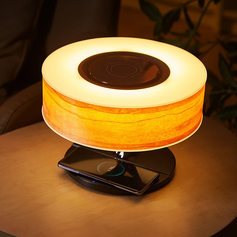 Dropshipping Trending Products 2024 New Arrival Wooden Smart LED Table Lamp with TWS Wireless Speaker Qi Wireless Charger
