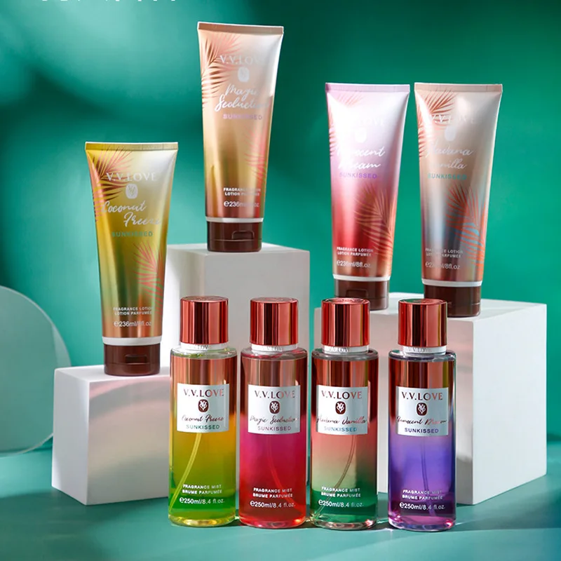 RTS  Hot Selling Long Lasting Perfume V.V.LOVE Good Smell Women Body Spray and Body Mist Lotion Set