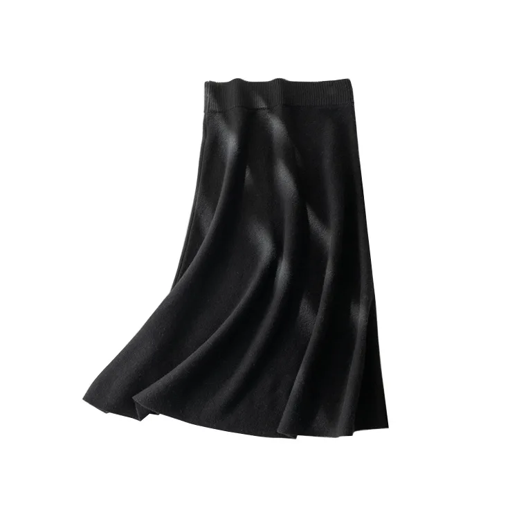 Basulan Wool A-line Skirt Elastic Waist Umbrella Swing MIDI Skirt Literary Style Gauk Heavy Knit High Temperature Stereotypes
