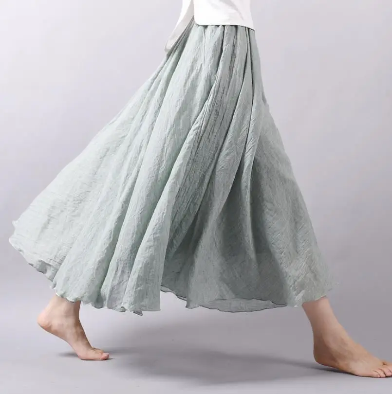 
2021 Women Linen Cotton Long Skirts Elastic Waist Pleated Maxi Skirts Beach Boho Vintage Summer Skirts 