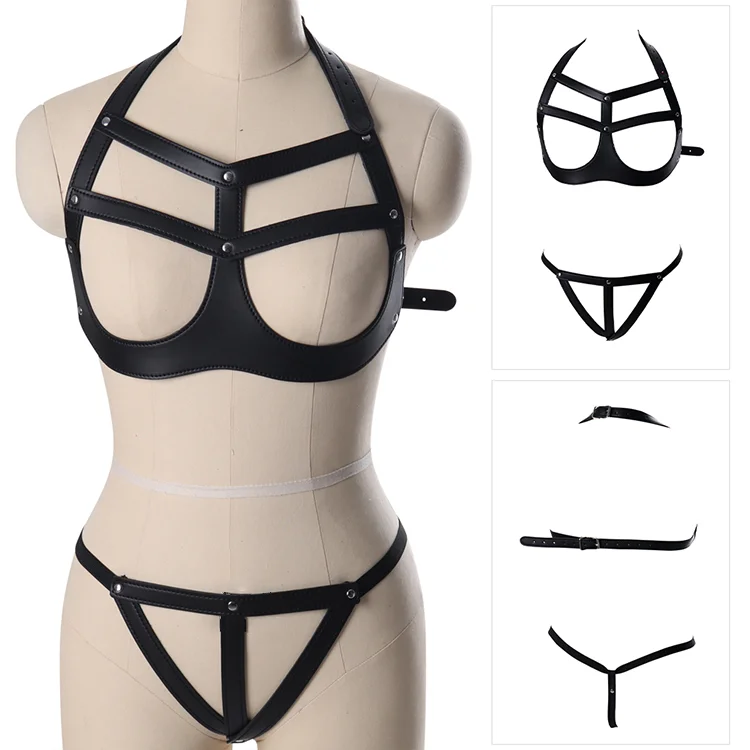 Adult Club Flirting Leather Sex Toy Body Cosplay Game Bondage Dress Clothes Two-Piece Set Bdsm Costume