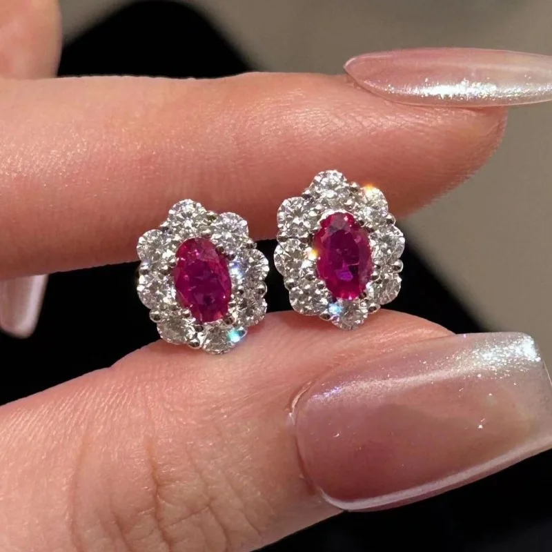 Oval pigeon blood jewel earrings encrusted with super flash small unique full diamond luxury earrings for women