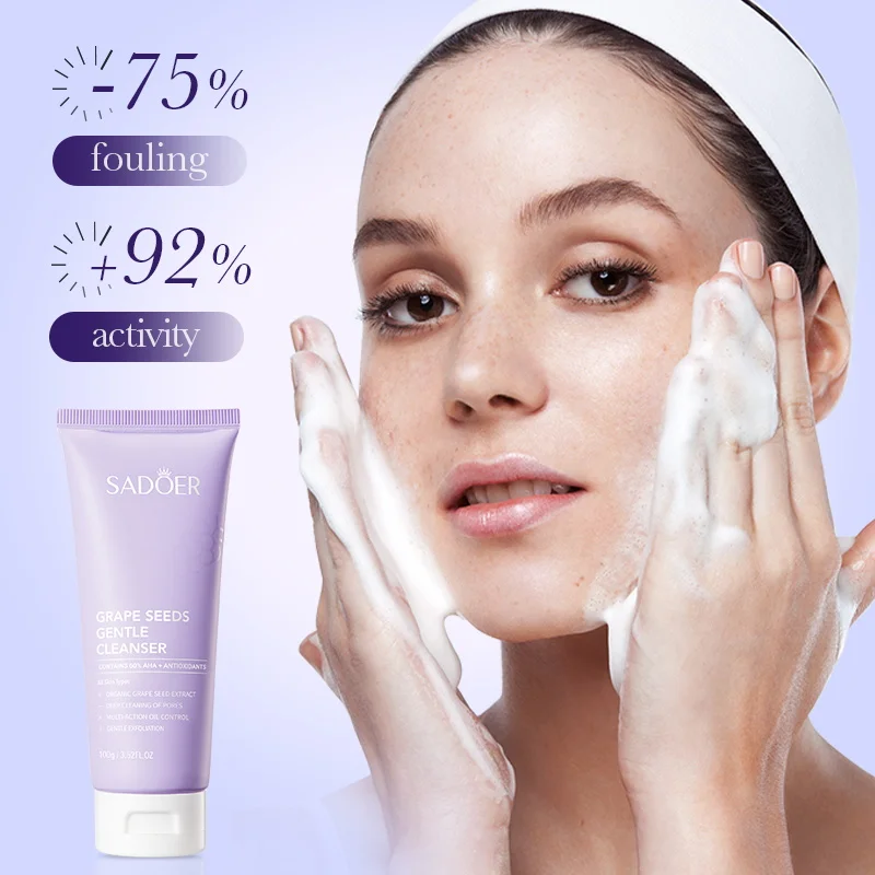 SADOER Face Wash Facial Cleanser Gentle Cleaning Moisturizing Nourishing Whitening Skin Care Product Grape Seeds Face Cleanser