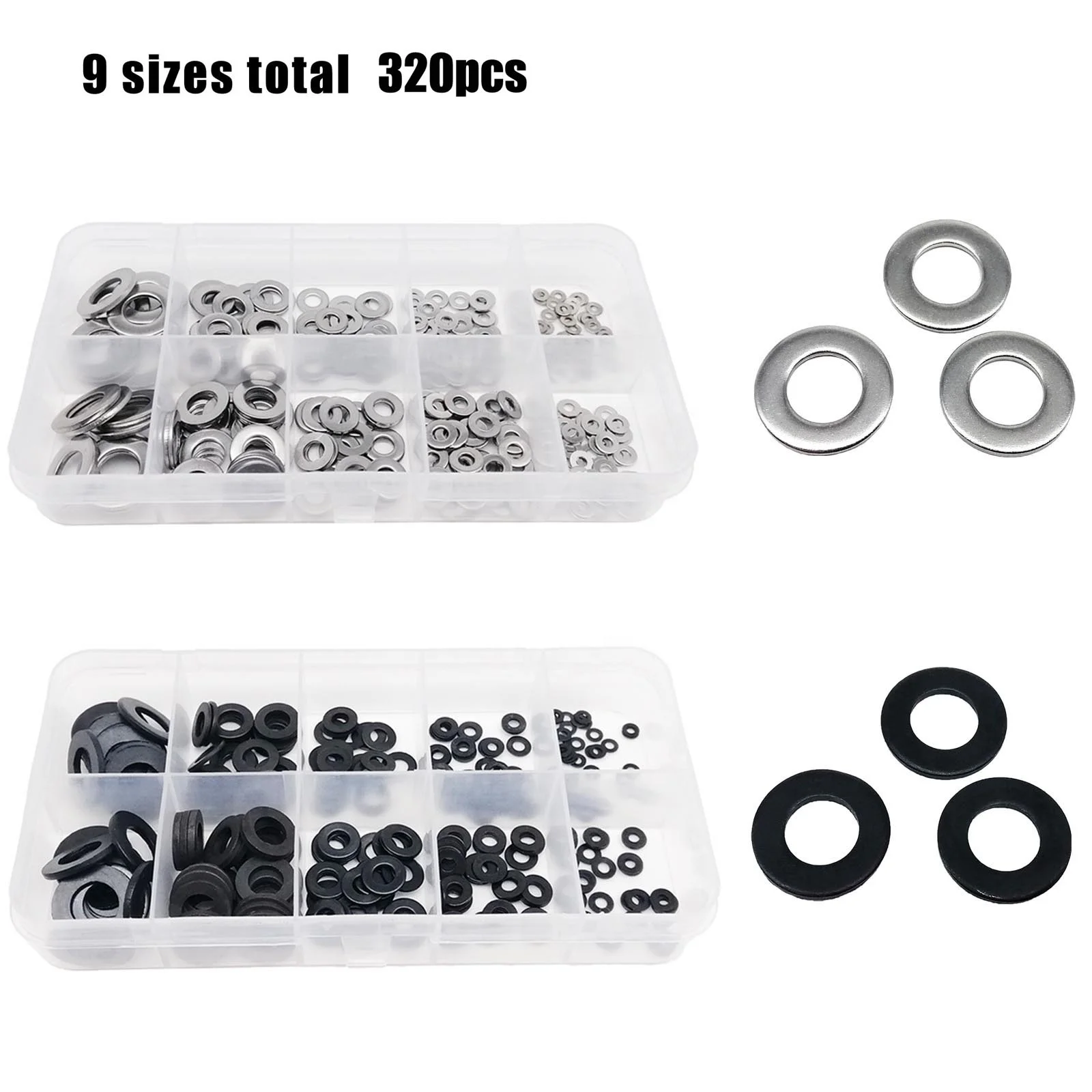 320pcs/box M1.6 M2 M2.5 M3 M3.5 M4 M5 M6 M8 A2 304 Stainless Steel GB97 DIN125 Black Plain Gasket Flat Washer Assortment Kit Set