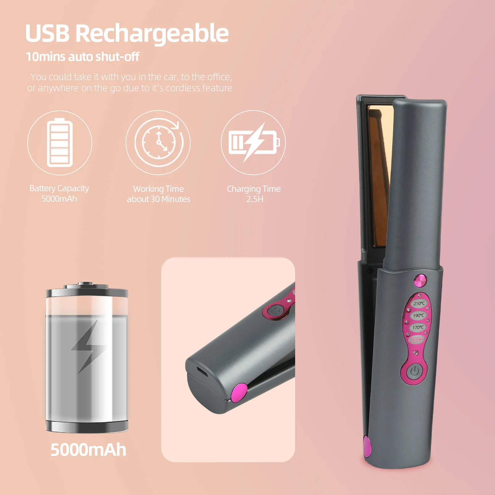 JAYSUNNY Deluxe Bling Hair Ironing Usb Wireless Small Professional Hair Straightener With Rechargeable Charger