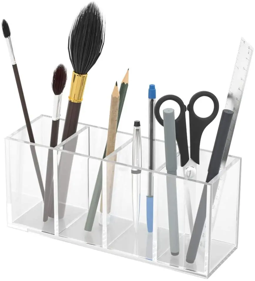 Hot sale Acrylic Pen Holder 4 Compartments, Clear Pencil Organizer Cup for Countertop Desk Accessory Storage