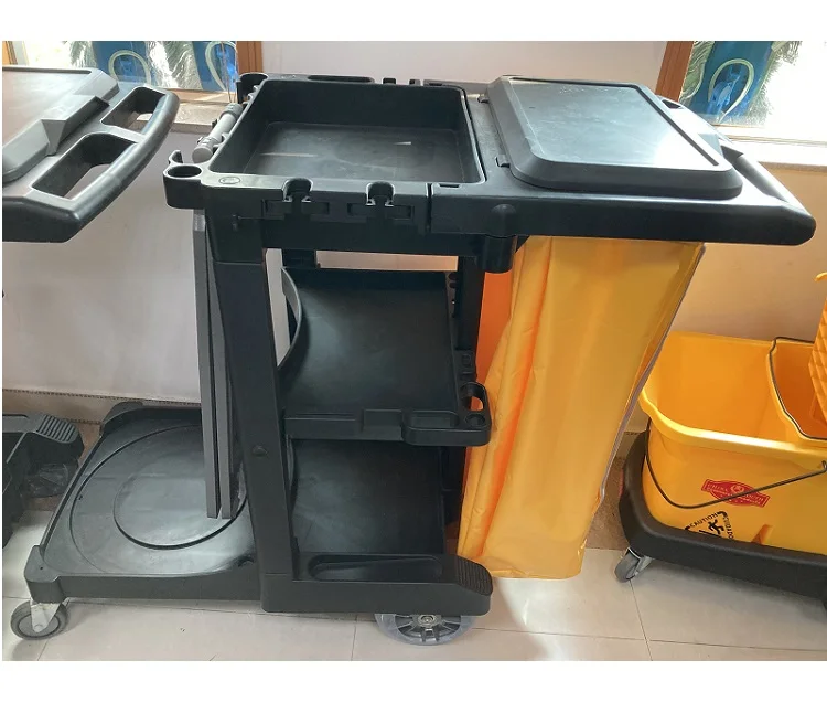 Черная съемная пластиковая тележка для уборщиков больничных и ресторанных