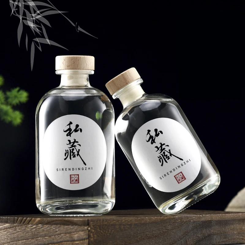 Hot Selling 500ml round shape Spirits  Bottles Clear frost  Empty Whiskey Gin Vodka Glass Bottle with Wine Label