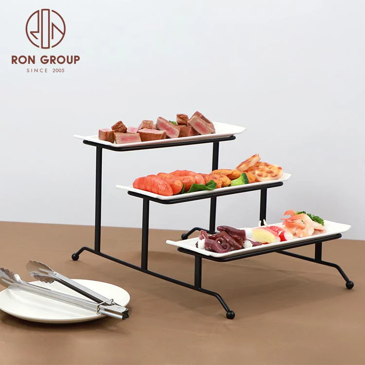 Restaurant hotel catering party tools snack 3 tier ceramic dish with iron rack serving fruit buffet food display stand