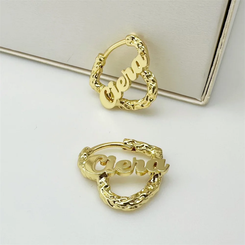 Lateefah OEM 18K Gold Stainless Steel Heart Hoop Earring Custom Name Letter Personalized Earrings
