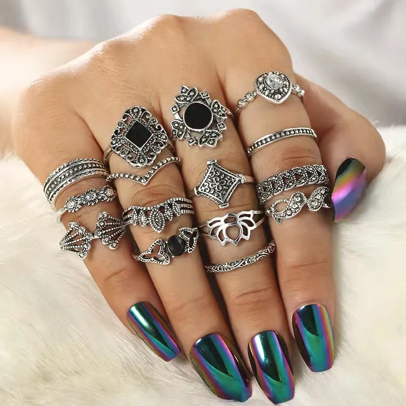 15 Pcs Silver Plated Frog Rings Set, Antique lotus tiara hand diamond drop Rings for Couples, Gift for Women Men Girls