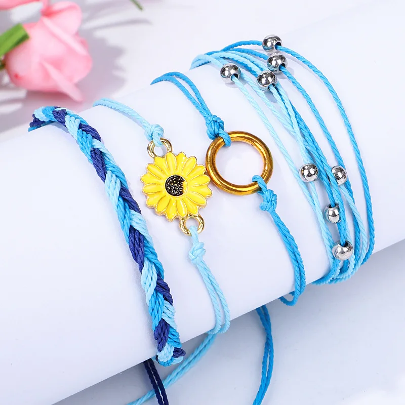 Sunflower String Bracelet Handmade Braided Rope Charms Boho Surfer Bracelets for Teen Girls Women
