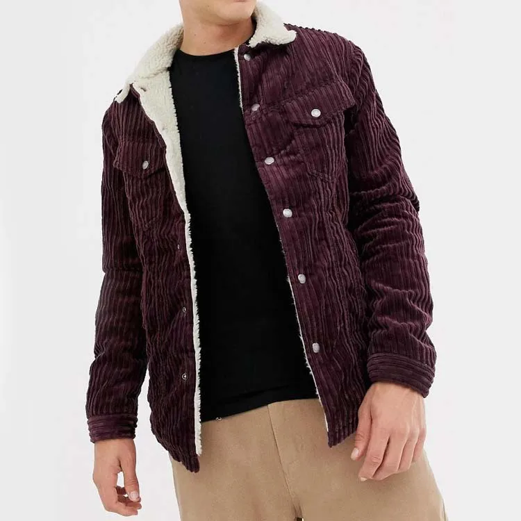 Mens Burgundy Borg Collar Sherpa fur lined Long Heated Denim Jacket Corduroy Jeans Trucker Jacket for men