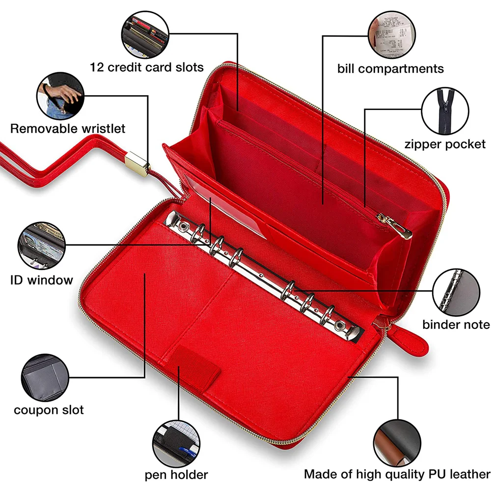 Women Cash Envelope long Zipper Saffiano Leather Multi-function Clutch Budget Wallet with A6 Binder