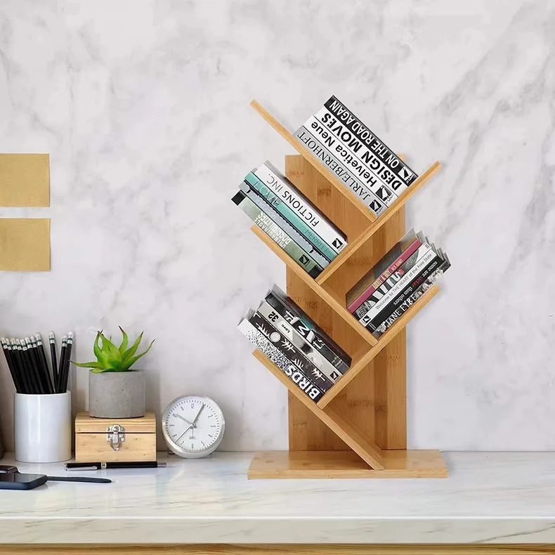 Factory Custom Standing Type Bamboo Bookshelf Tree Shape Movable Desktop Organizer for Bedroom
