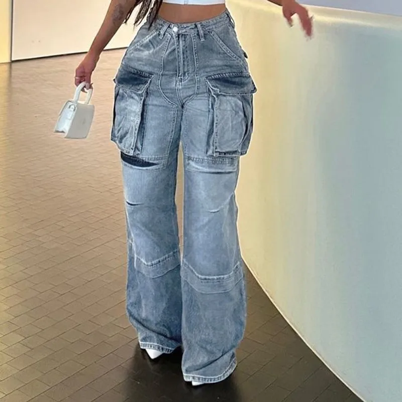Truen 2023 New Design Fashion Women Clothing Cargo Pants High Waist Jeans Street Vintage Multi Pocket Baggy Denim Jeans Women
