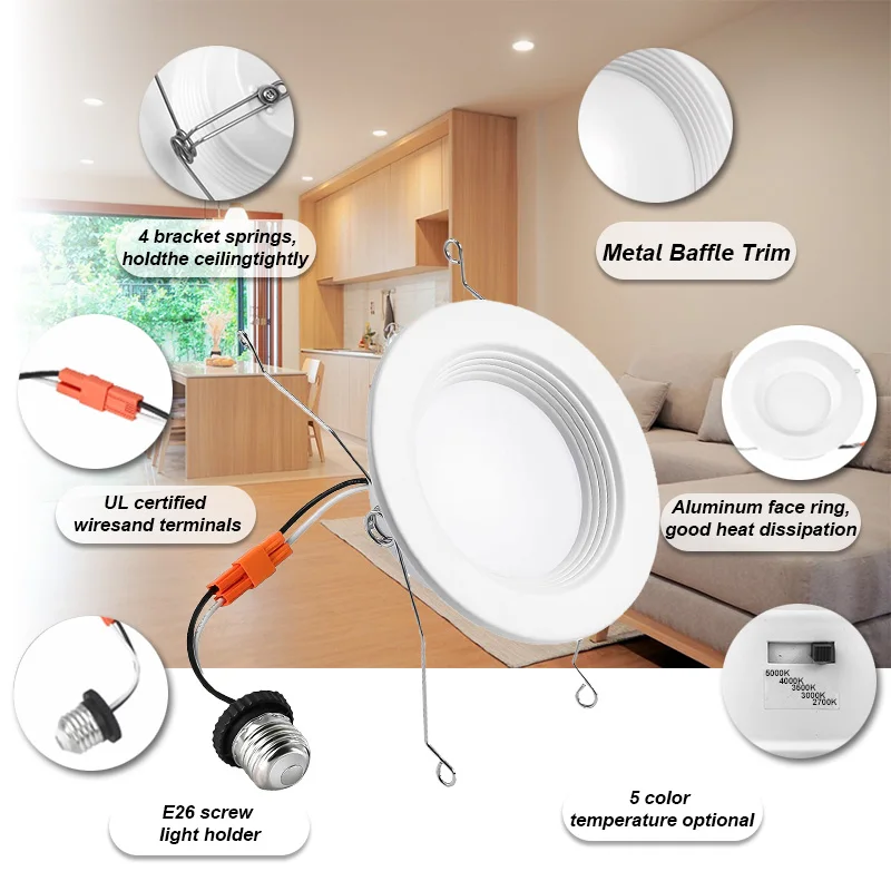 Hot Selling ETL Listed E26 TP24 LED Retrofit Downlight 6inch 15W 5CCT Adjustable 90-130V Baffle LED Can Lights retrofit kits