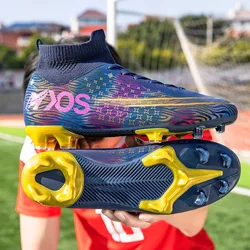 Men Hot Sale Outdoor Artificial Turf Mixed Color Spike Soccer Shoes High Ankle Fly Knit Leather Football Training Boots