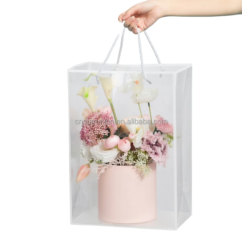 Clear PET Plastic Handle Bags Custom Fresh Flower Carrier Portable Bag Transparent PVC PP Dry Flower Bags For Bouquets