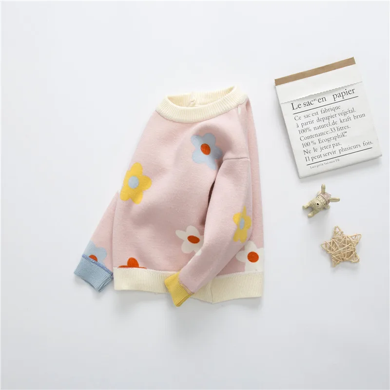 Autumn Winter Kids Velvet Sweater Girls Baby Flower Thicken Pullover Knit Bottoming Shirt Wechat Dropshipping