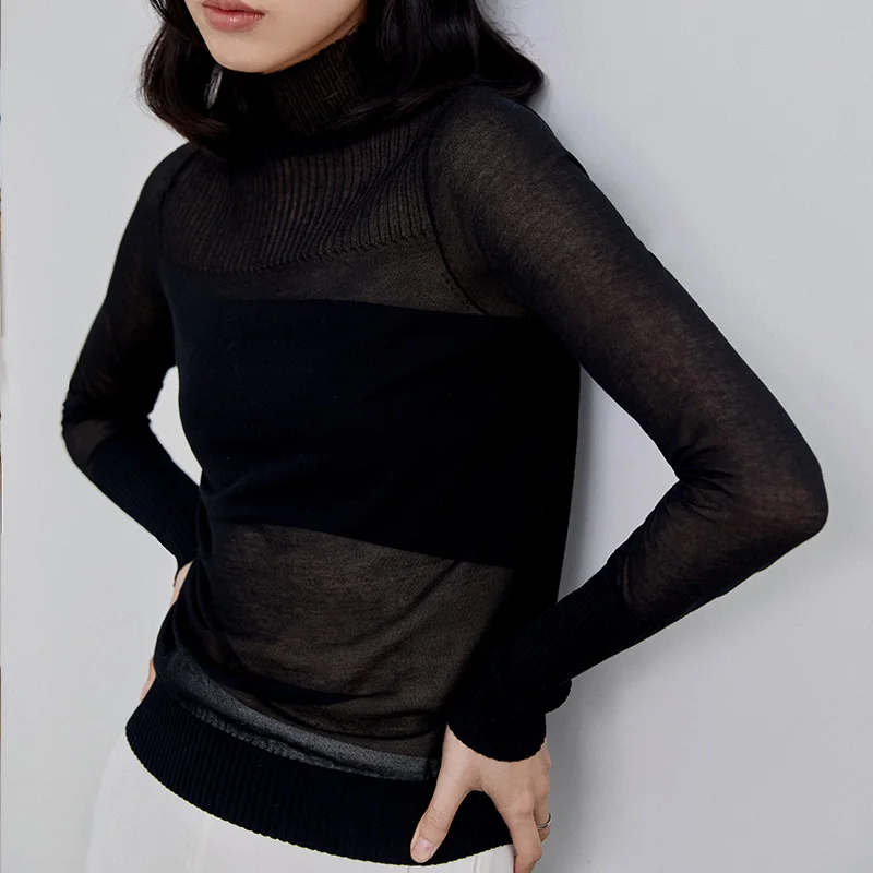 Лидер продаж, облегающая Прозрачная черная футболка с длинным рукавом и воротником-стойкой