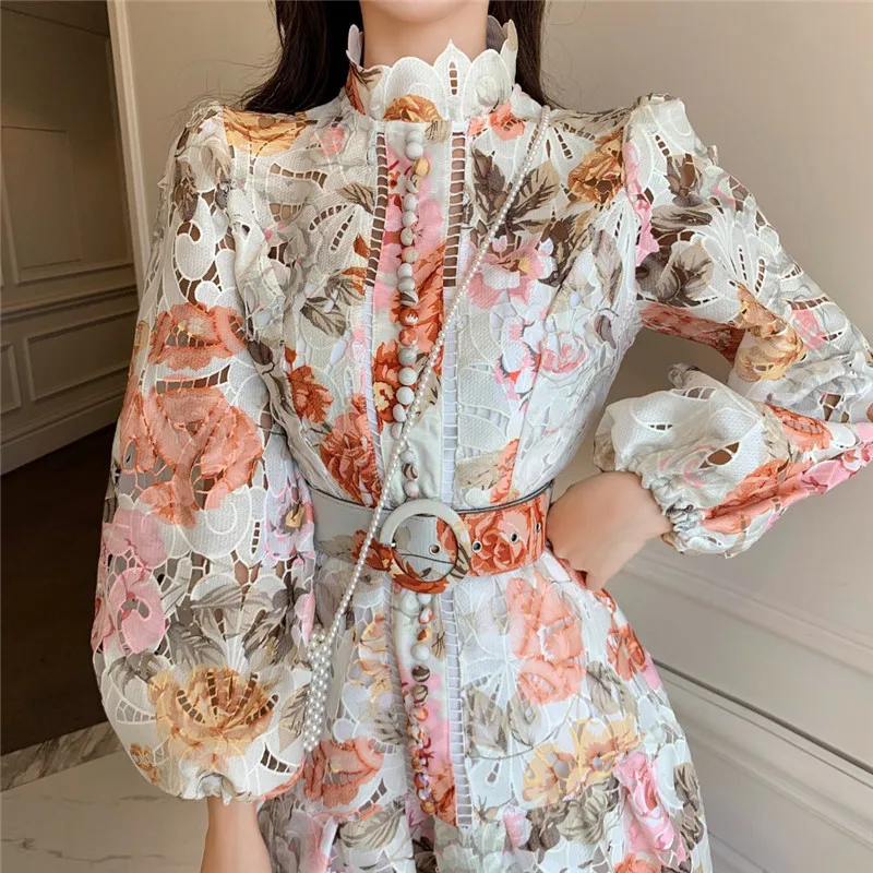 New Colorful Floral Hollow Stand Collar Long Sleeve High Waist Buttoned Short Dress