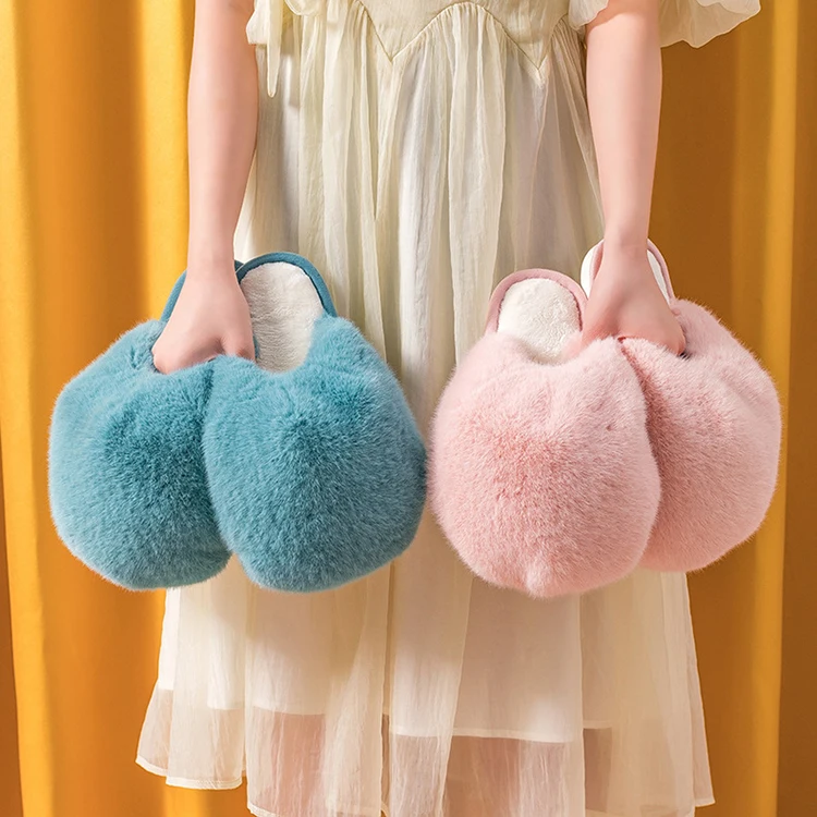 Women Fluffy Imitated Rabbit Fur Closed Toe Cute Cat Home Bedroom Fashion Fur Slides Slippers
