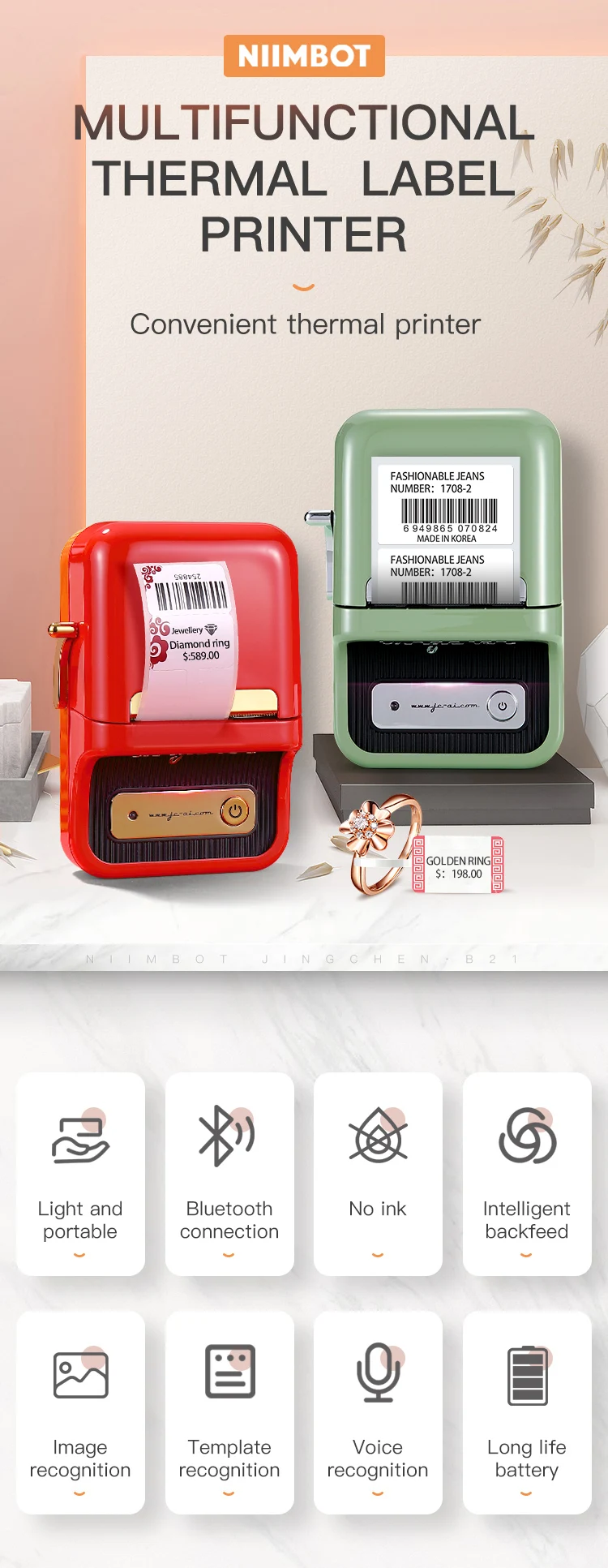 Niimbot B21 58mm Mini Wireless IOS Android Connection Label Printer with Free Adhesive Tape for Clothing Breads Wine