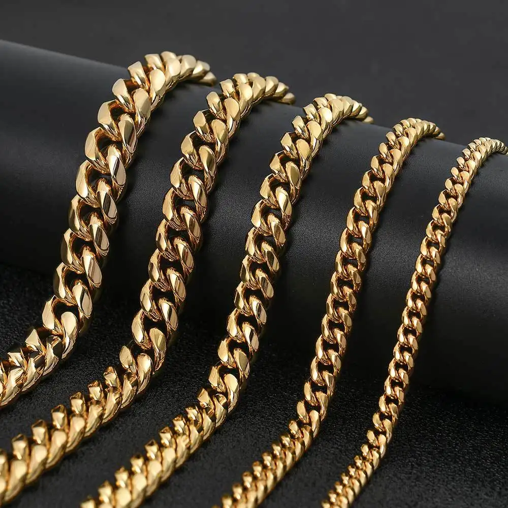 18k Gold plated Double sided diamond zircon buckle 14mm Stainless steel cuban link chain necklace